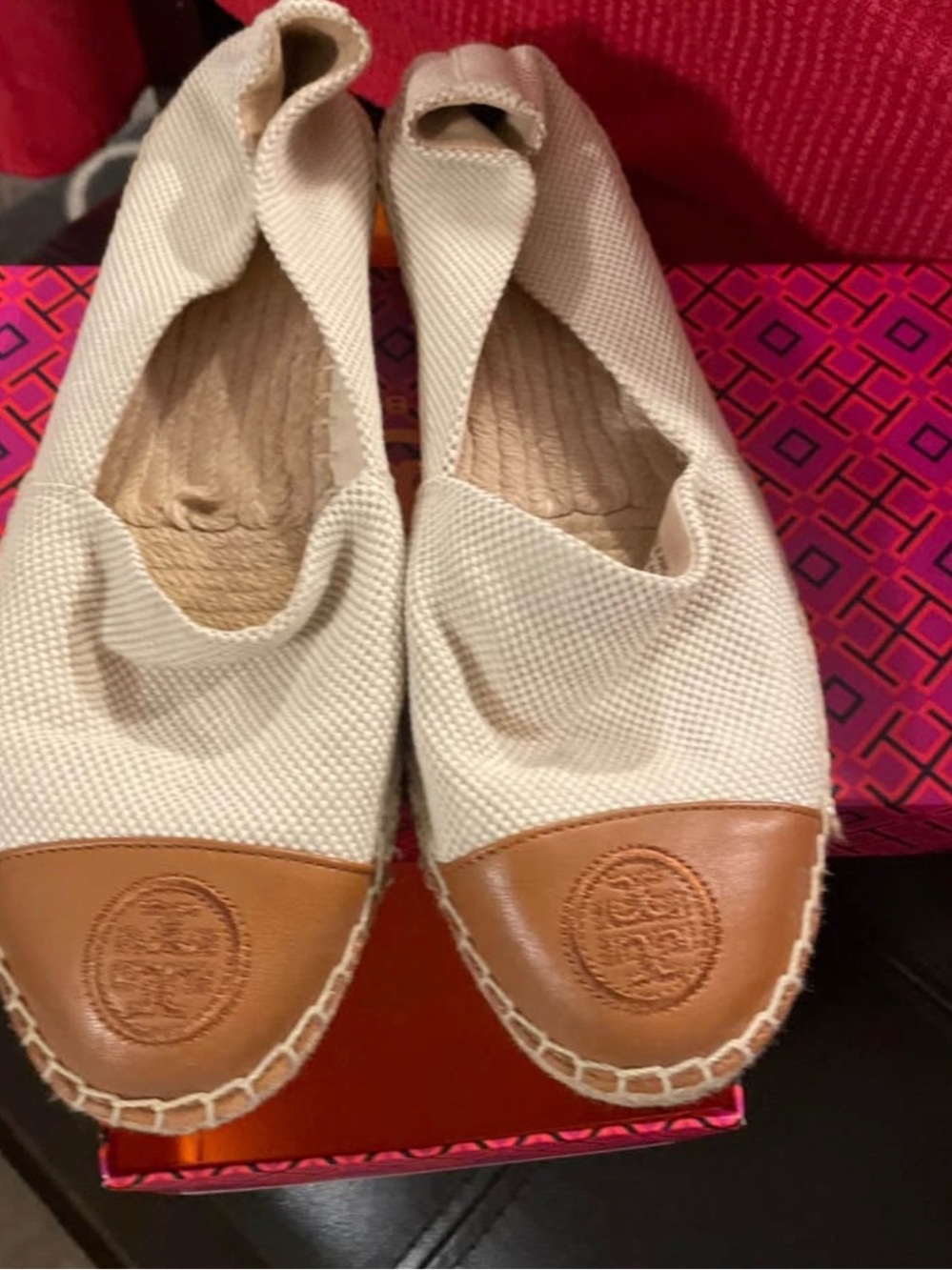 Tory Burch Cream Canvas Espadrille Flats with Tan Leather Cap
